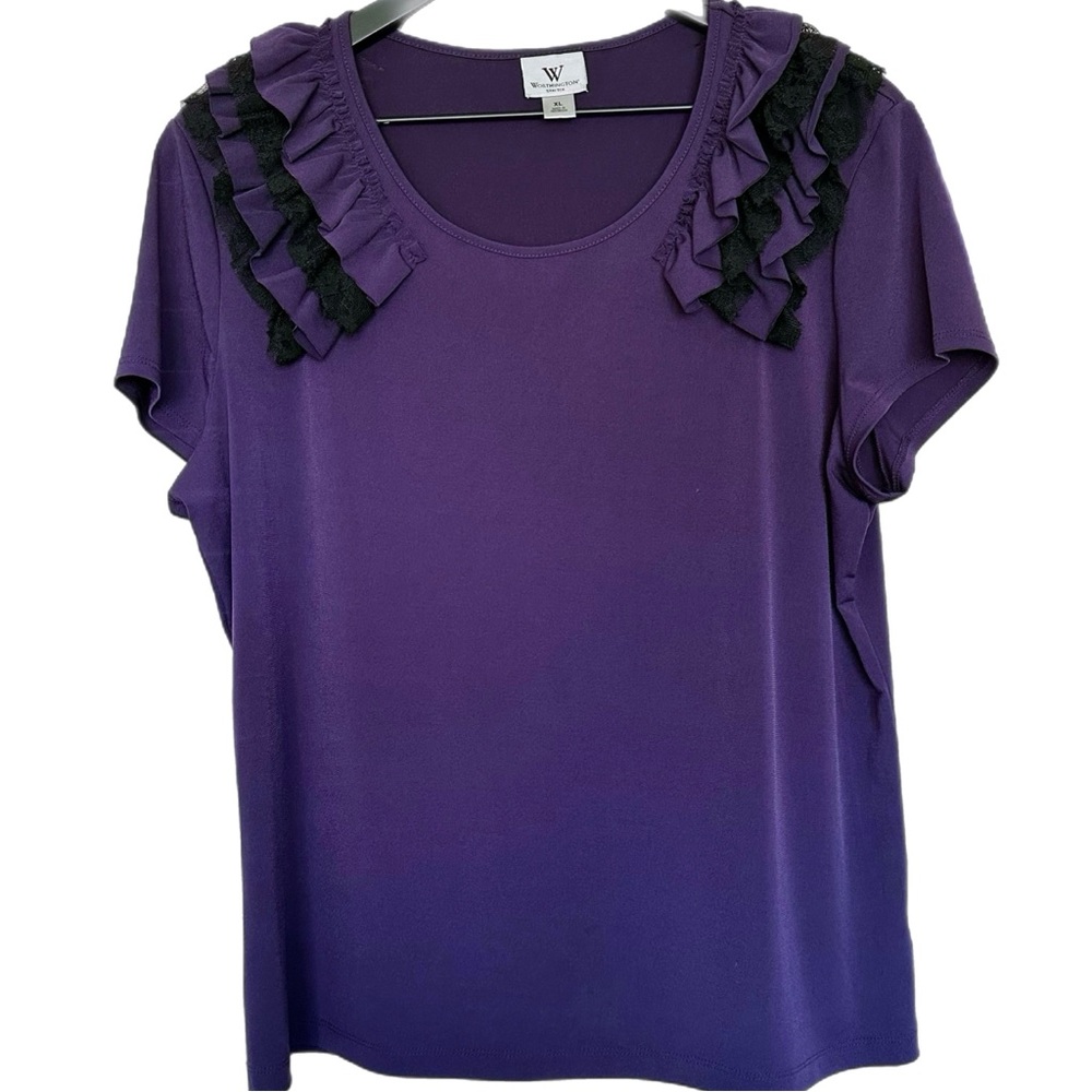 Worthington Violet Purple & Black Ruffle Lace Tee T-shirt Top Stretchy Size XL